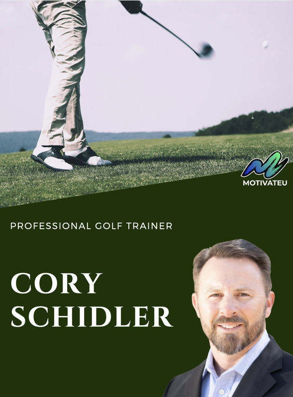 Image of golf trainer Cory Schidler with grass, a golf ball, and a golf club behind him. Text reads: Golf training. Cory Schidler. Golf trainer.
