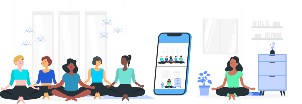 Group of 5 woman doing yoga on one side of the phone while a single woman does the same move on the other side of the phone. In the middle, is a phone showing both sides of women, showcasing the hybrid abilities of the MotivateU app.