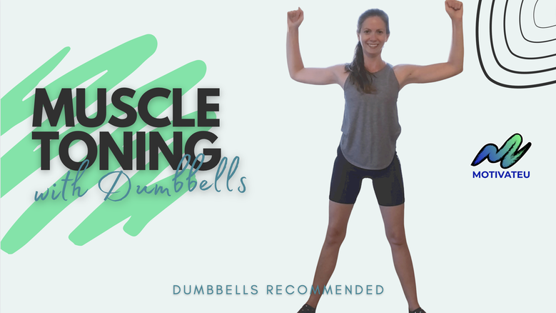 Picture of a ondemand video thumbnail with the image of a fitness instructor Jennifer Strout standing in a muscle pose with her elbows bent at a 90 angle. Text reads: Muscle Toning with Dumbbells; MotivateU, Dumbbells Recommended