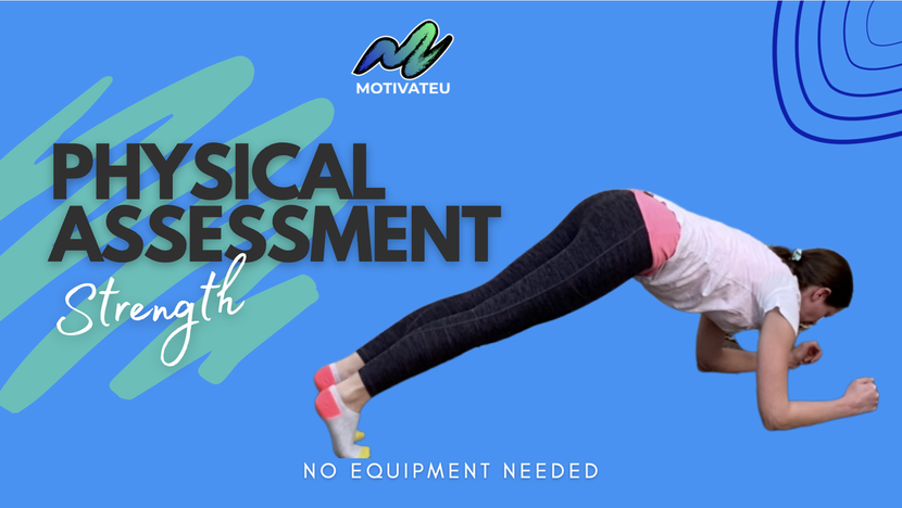 Picture of a female fitness instructor in a modified plank pose. Text reads: MotivateU Physical Assessment Strength, no equipment needed.