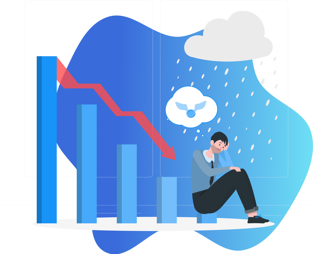 Disheveled man is sitting underneath a rain cloud at the bottom of a graph depicting loss of money.