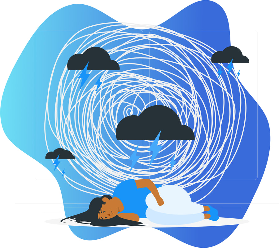 A woman lying down, unmotivated and sad, with thunderclouds above her and a giant swirl behind