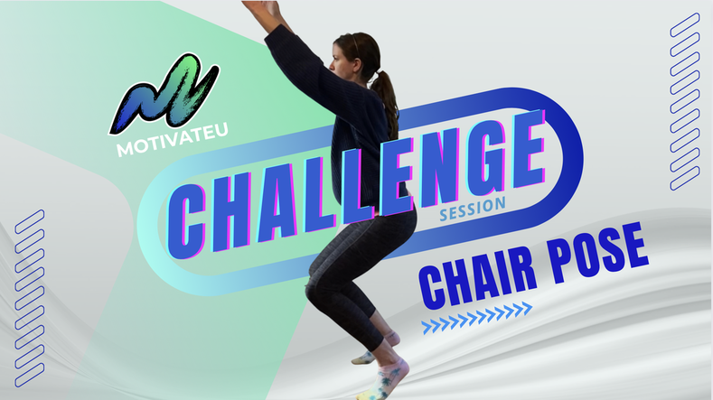 Picture of a female yoga instructor in chair pose on toes position with the following text: MotivateU Challenge Session Chair Pose 