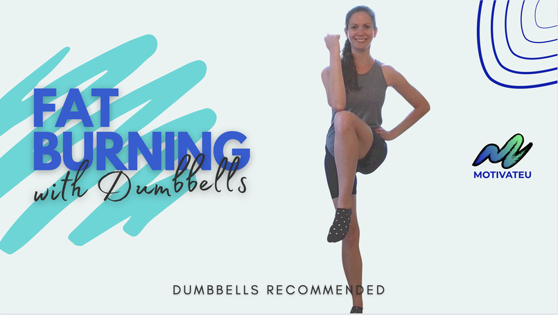 Picture of a ondemand video thumbnail with the image of a fitness instructor Jennifer Strout standing with her right hand on her hip and her right leg pulled up and bent at the knee with the left elbow bent and touching the knee. Text reads: Fat Burning with Dumbbells; MotivateU, Dumbbells Recommended