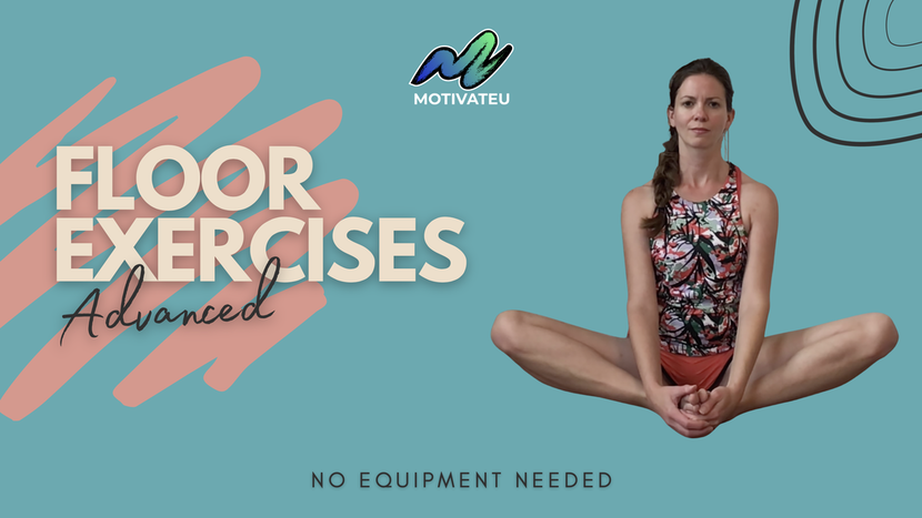 Picture of Picture of yoga instructor sitting on the floor with her legs crossed and her arms bent at the elbow with hands grasping behind her back, with text: no equipment necessary, 20 min, floor yoga