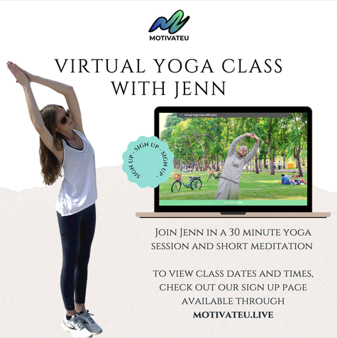 Picture of a female fitness instructor in a moon yoga pose next to a laptop screen on which MotivateU's motion tracking is displaying a score for the client who is doing a side bend in an outdoor park. Text reads: MotivateU, Virtual Yoga Class with Jenn, Join Jenn in a 30 minute yoga session and short meditation. To view class dates and times check out our sign up page available through motivateu.live  summary with the image thumbnail of a trainer completing a yoga pose on the floor.