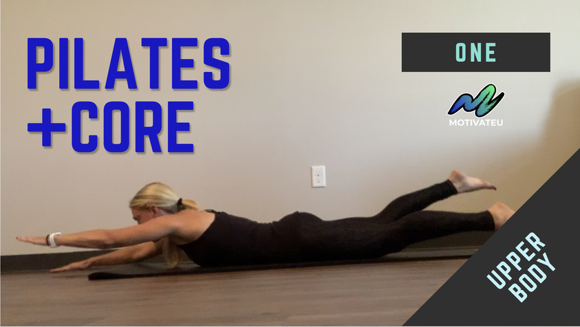 Picture of Bethany Tapp, STOTT certified Pilates instructor on a mat with the following text: Pilates Workout Two, MotivateU, Full Body