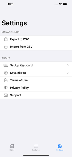 Settings screen for KeyLink iOS