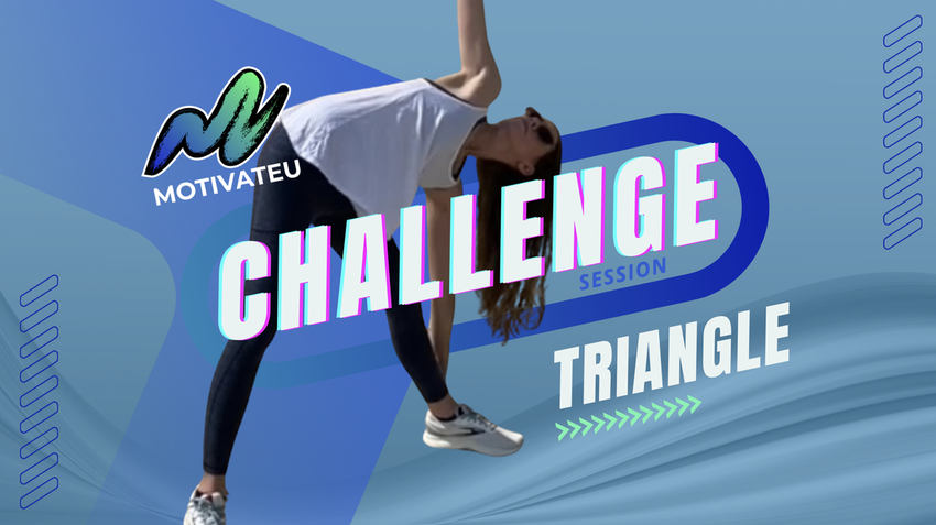 Picture of a female yoga instructor in triangle pose position with the following text: MotivateU Challenge Session Triangle 
