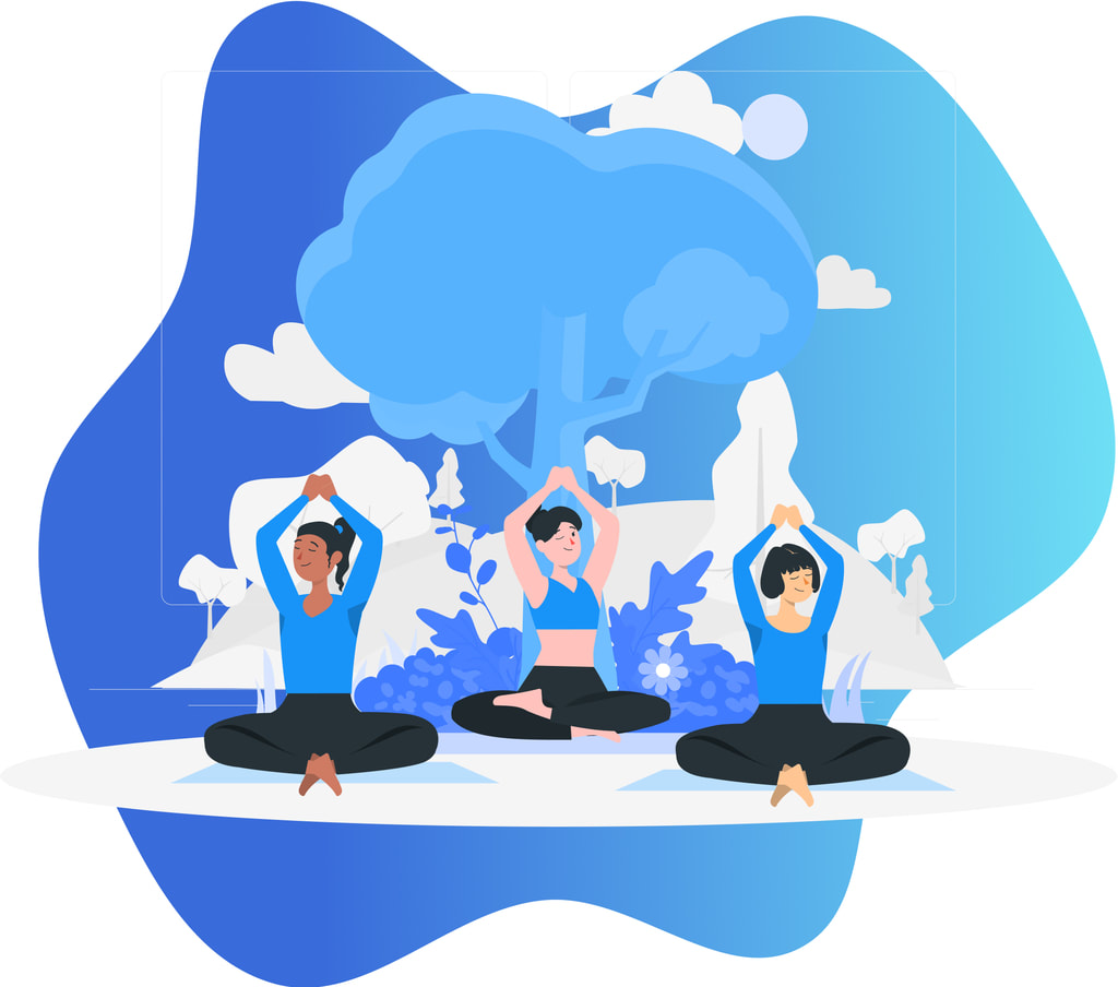 3 women sitting in front of a tree doing yoga with their arms above their head.