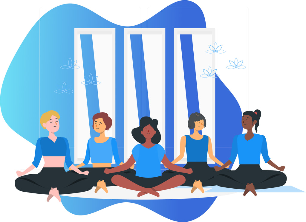 5 women peacefully sitting on yoga mats doing yoga.